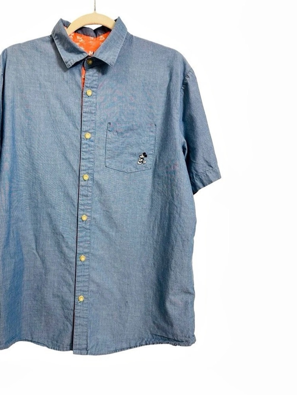 Disney Parks Mickey Mouse Chambray Short Sleeve Shirt Blue & Orange Medium